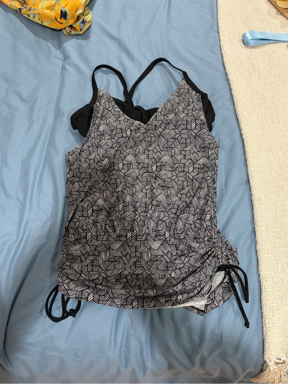 Athleta Black & White Geometric Swim Camisole with Adjustable Side Ties